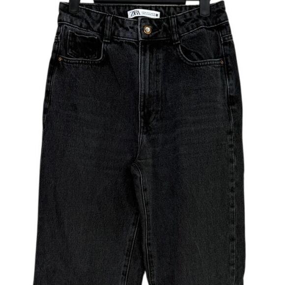 Zara Full Length Wide Leg Frayed Raw Hem High Rise Denim Jean 4 Black Washed - Picture 4 of 16